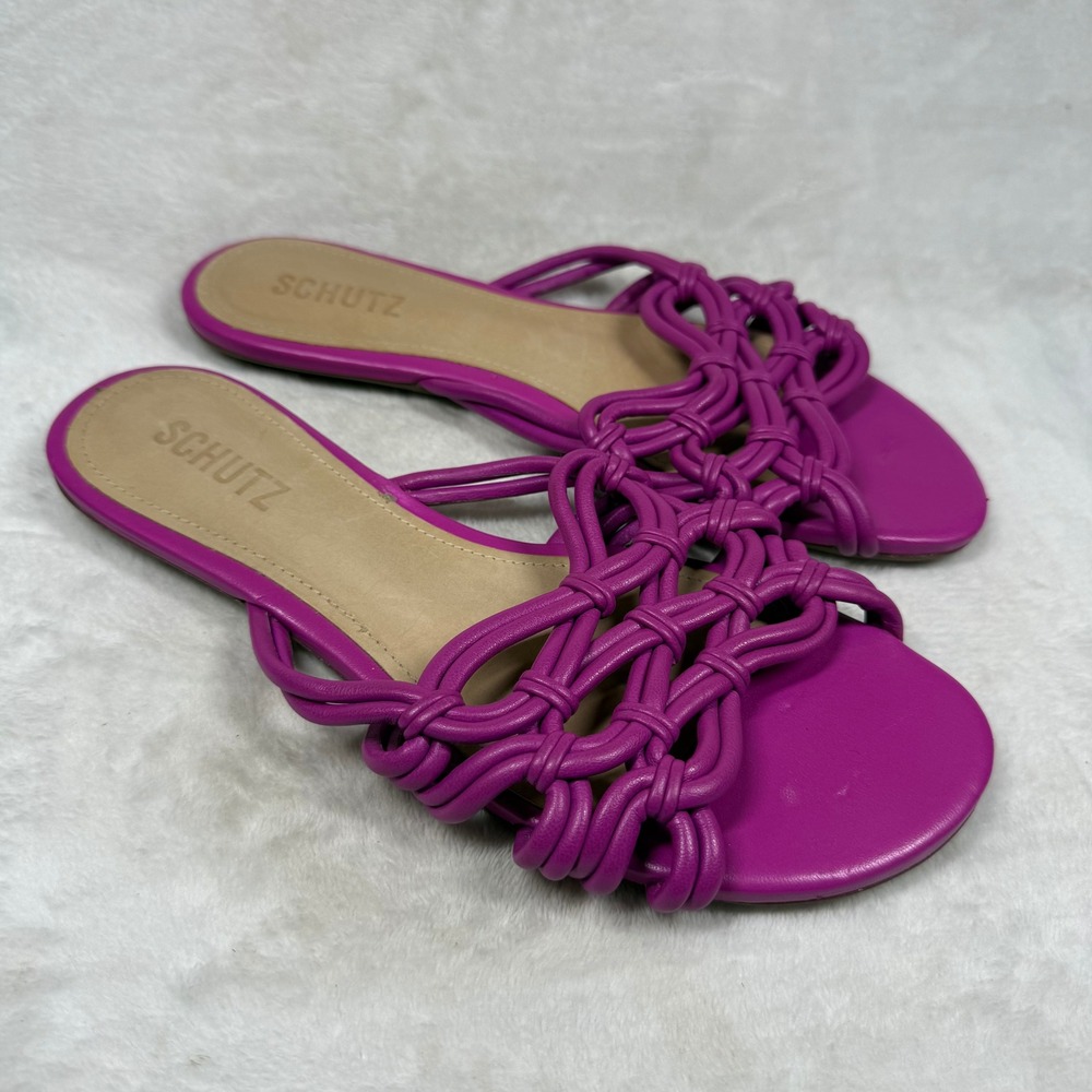 Schutz Adreena Knotted Leather Flat Sandals Pink Magenta Womens 8.5B Brazil
